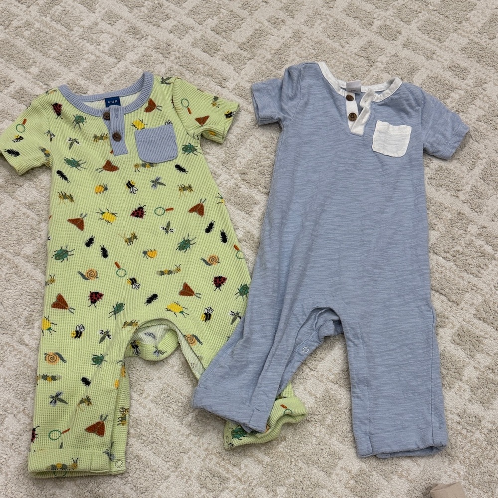Old Navy Green Insect Print & Blue Henley One-Piece Rompers